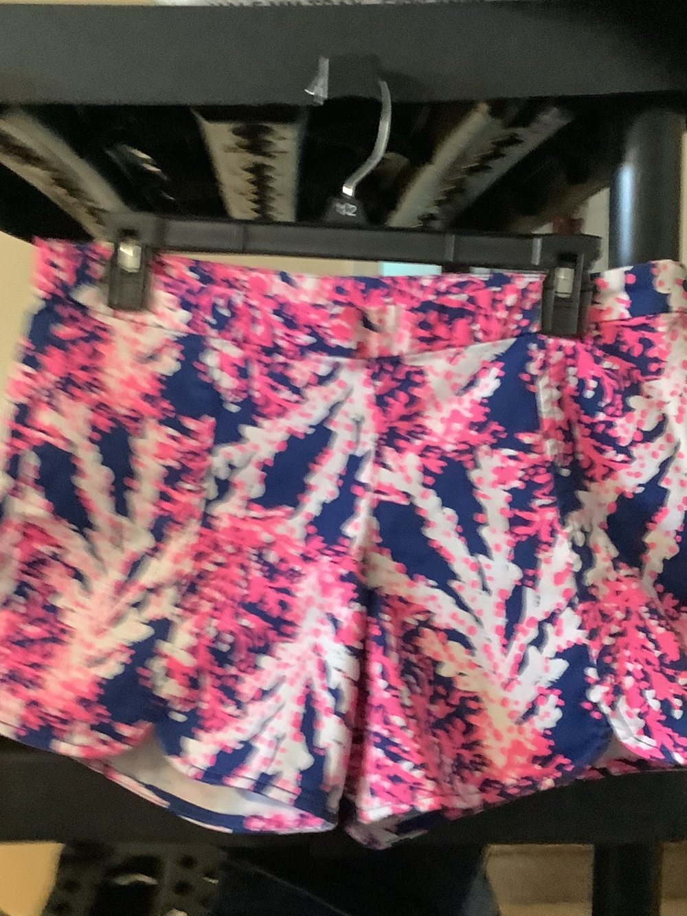 Lilly Pulitzer Navy Shorts with Pink Floral Print, side zip